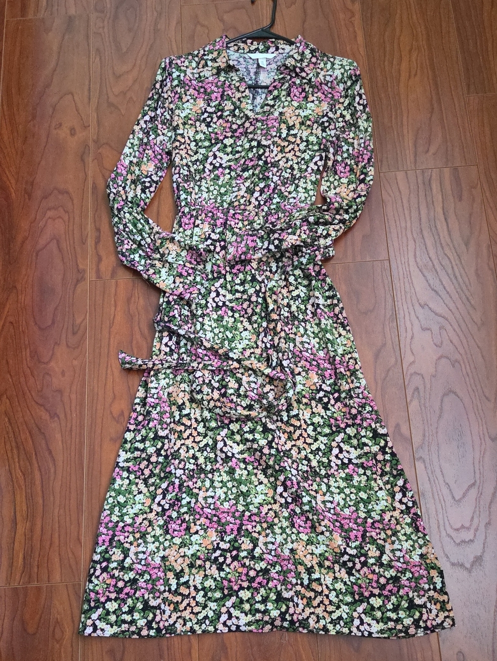 H&M Black Floral Long-Sleeve Midi Dress with Pink & Green Accents